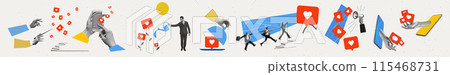 Contemporary art collage. Composition in which people want to be popular and grow, collect and run for likes. Contemporary art collage. Composition in which people want to be popular and grow, collect and run for likes. 115468731