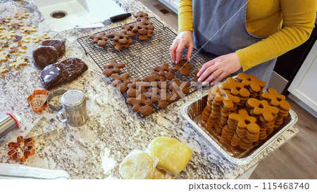 After baking to perfection, these delightful gingerbread cookies are now cooling gracefully on a wire rack, filling the modern kitchen with a warm and inviting aroma. 115468740