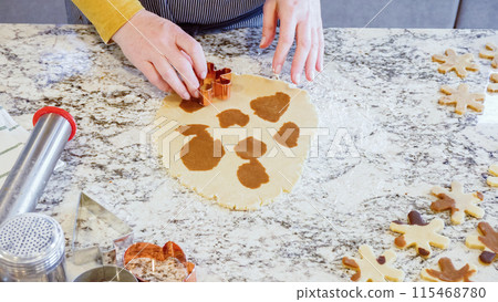 Using various festive cookie cutters, we're cutting out charming gingerbread cookies from the rolled dough on the sleek marble counter, bringing holiday cheer to the modern kitchen. 115468780