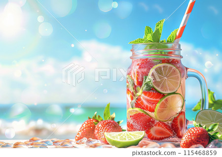 Strawberry lime infused water in mason jar on beach. Refreshing summer drink with mint leaves ice 115468859