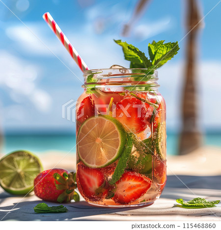 Strawberry lime infused water in mason jar on beach. Refreshing summer drink with mint leaves ice Strawberry lime infused water in mason jar on beach. Refreshing summer drink with mint leaves ice 115468860