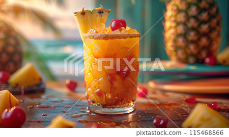 Tropical pineapple cocktail with cherry umbrella on beach. Refreshing summer drink with ice cubes. 115468866