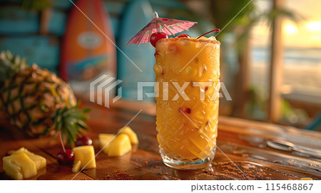 Tropical pineapple cocktail with cherry umbrella on beach. Refreshing summer drink with ice cubes. 115468867