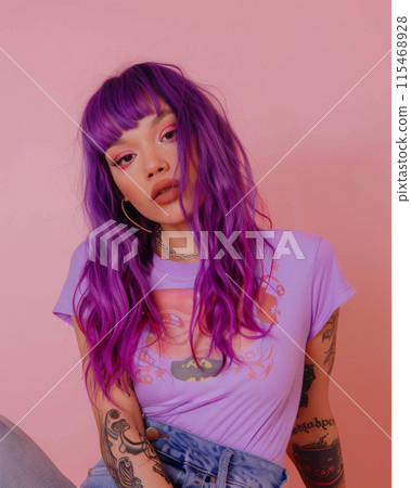 Transgender woman bright purple hair, posing confidently against soft pink studio background Transgender woman bright purple hair, posing confidently against soft pink studio background 115468928