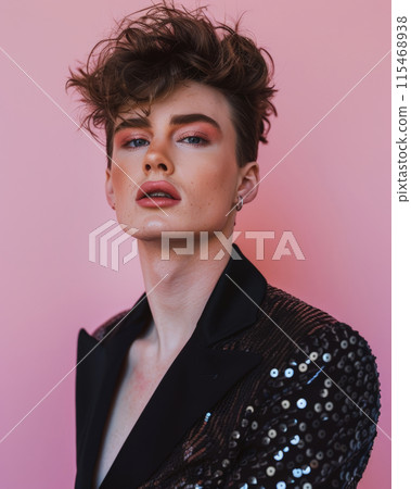 Portrait of young person with rainbow makeup, winking playfully at the camera. Concept LGBTQ 115468938