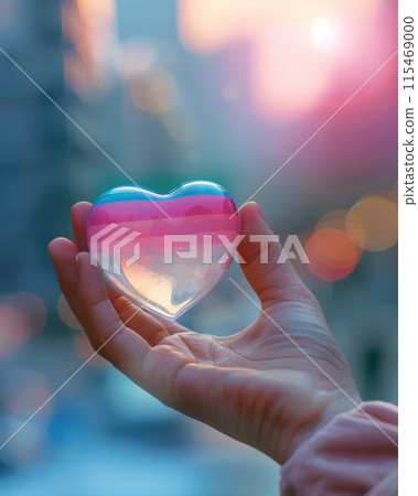 Hand holding heart shaped symbol pink, blue, white colors cityscape background. Concept LGBTQ pride 115469000