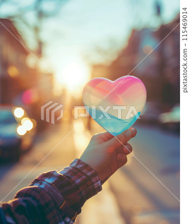 Hand holding heart shaped symbol pink, blue, white colors cityscape background. Concept LGBTQ pride Hand holding heart shaped symbol pink, blue, white colors cityscape background. Concept LGBTQ pride 115469014