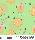 Seamless Pattern with Orange Juice in Glasses, Orange Slices, Chaotic Dots on a Lime Green Background. The pattern is ideal for packaging design, textiles, printing, and other creative projects. 115469466