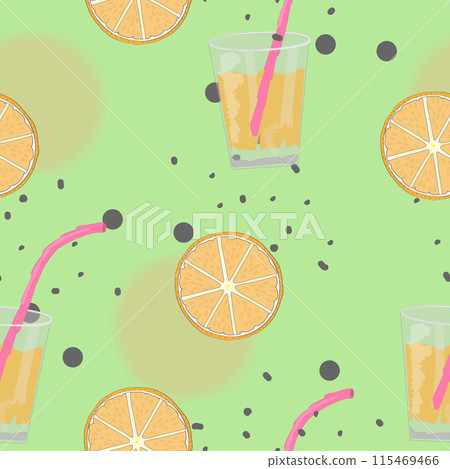 Seamless Pattern with Orange Juice in Glasses, Orange Slices, Chaotic Dots on a Lime Green Background. The pattern is ideal for packaging design, textiles, printing, and other creative projects. 115469466