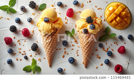 Ice cream cones pink white ice cream scoops surrounded by strawberries chocolate chips 115469481