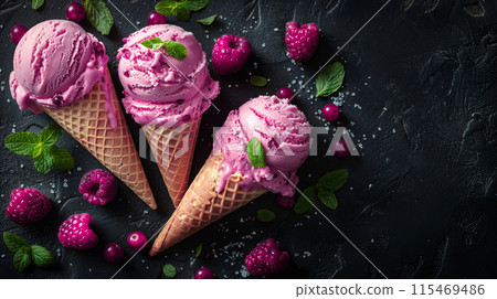 Ice cream cones pink white ice cream scoops surrounded by strawberries chocolate chips 115469486