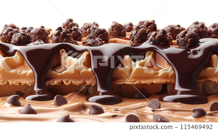 Close up chocolate covered waffles chocolate chips chocolate sauce dripping over them 115469492