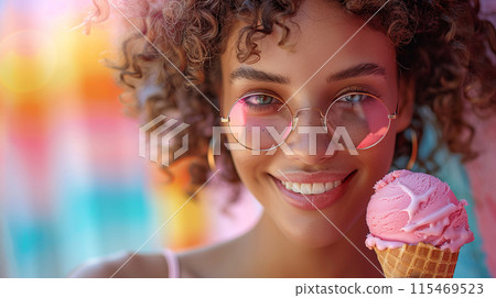 Cheerful young woman curly hair, wearing floral dress sunglasses, enjoying ice cream cone sunny day Cheerful young woman curly hair, wearing floral dress sunglasses, enjoying ice cream cone sunny day 115469523