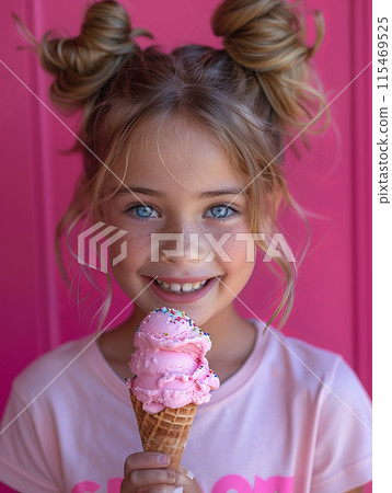 Girl blonde hair styled in buns, wearing pink shirt holding double scoop ice cream cone, smiling 115469525
