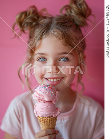 Girl blonde hair styled in buns, wearing pink shirt holding double scoop ice cream cone, smiling 115469526