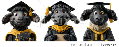 Cartoon sheep wearing graduation cap, scarf, looking happy intelligent, isolated white background 115469746