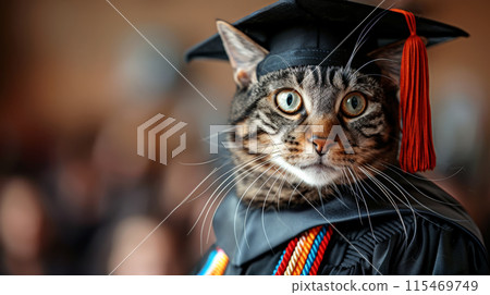 Cat wearing dark graduation gown graduation hat colorful tassel, background university 115469749