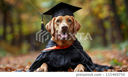 Dog graduation cap gown standing outdoors looking happy. Concept education, graduate, leader 115469750
