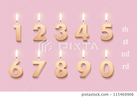 Birthday candles set for anniversary cake, 3D burning beige wax numbers with fire Birthday candles set for anniversary cake, 3D burning beige wax numbers with fire 115469906