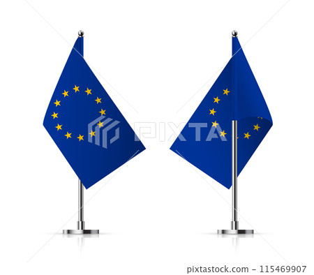 Flags of Euro on pole vector illustration. 3D realistic European Union flagpoles on mini steel vertical stand, isolated desktop EU flagstaff, blue flags of Europe with circle of stars on metal stick Flags of Euro on pole vector illustration. 3D realistic European Union flagpoles on mini steel vertical stand, isolated desktop EU flagstaff, blue flags of Europe with circle of stars on metal stick 115469907