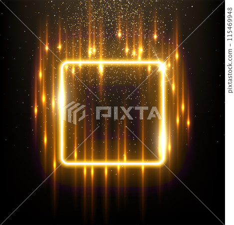 Gold square with flash rays and sparks vector illustration. Realistic 3D shiny golden frame with edges and fiery flare, precious jewelry and abstract star dust glow on black background Gold square with flash rays and sparks vector illustration. Realistic 3D shiny golden frame with edges and fiery flare, precious jewelry and abstract star dust glow on black background 115469948