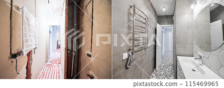 Apartment room with heated floor and electric towel dryer before and after restoration. Comparison of flat with underfloor heating pipes and new renovated bathroom with sink, mirror and towel warmer. 115469965