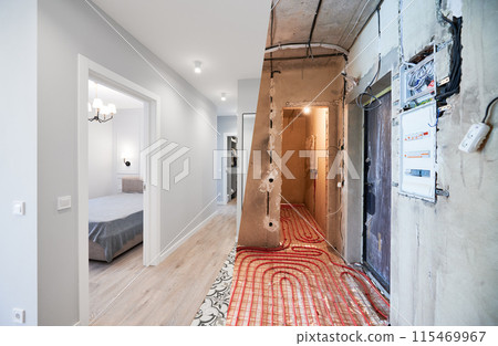 Old apartment with brick walls and new renovated flat with doors and stylish design in white tones. Inferior of apartment before and after renovation. Old apartment with brick walls and new renovated flat with doors and stylish design in white tones. Inferior of apartment before and after renovation. 115469967
