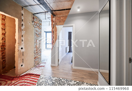 Comparison of old apartment before restoration and new renovated flat with modern interior design. Apartment before and after renovation. 115469968