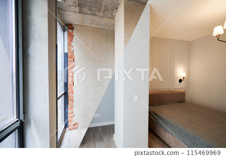 Comparison of bedroom before and after renovation. Photo collage of old apartment before restoration and new renovated flat with bed and elegant interior design. 115469969