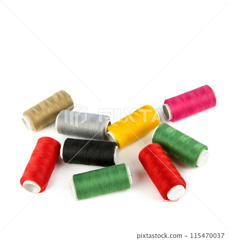 Sewing tools, set of spools of thread isolated on white. Free space for text. Sewing tools, set of spools of thread isolated on white. Free space for text. 115470037