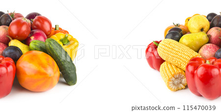 Collection fruits and vegetables isolated on a white. Collage. Free space for text. Wide photo. Collection fruits and vegetables isolated on a white. Collage. Free space for text. Wide photo. 115470039