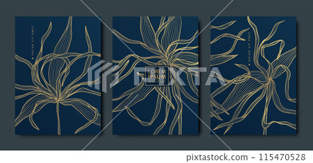 Vector set of floral card backgrounds, wedding, birthday floral background. Leaf spring brochure, gold on black, vintage illustration. Wavy plants covers. 115470528