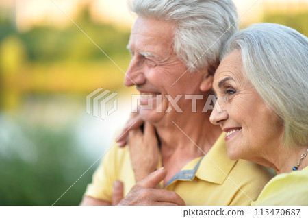 Loving mature couple in the park in summer 115470687