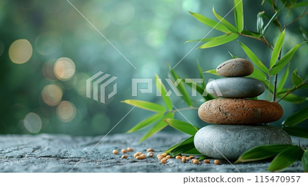 Photo of A stack of stones and bamboo leaves on wooden table 115470957
