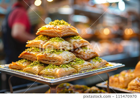 Turkish baklava, traditional oriental sweet. with nuts, honey, puff pastry. 115470970