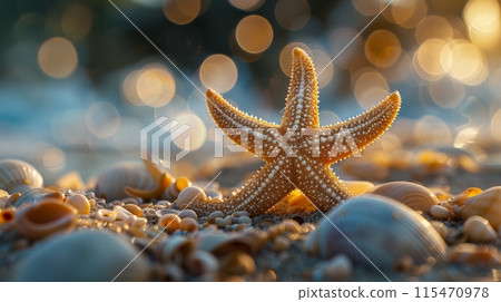 starfish and shells lie on the sand against the backdrop of the tropical sea 115470978