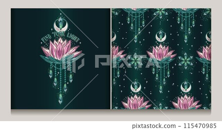 Seamless mysterious pattern, label with lotus flower, magic glowing crystals, crescent moon, scattered stars, sparkles. Mystical insight concept for meditation, clear consciousness. Vintage style. 115470985