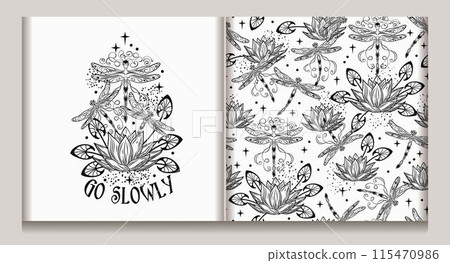 Monochrome fantasy seamless pattern, emblem with lotus flower, flying fantasy dragonflies, dragonfly pixie, faerie, stars, text. Mysterious, fairytale concept. White background 115470986