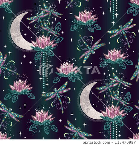 Seamless celestial pattern with lotus flower, flying fantasy dragonflies, moon crescent, stars. Mysterious magic concept. Colorful illustration in vintage style. 115470987