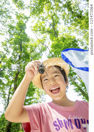 Boy holding a rhinoceros beetle in a wooded area 115471064