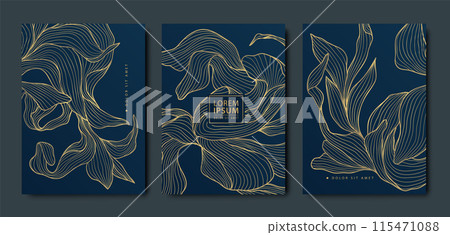 Vector set of floral card backgrounds, wedding, birthday floral background. Leaf spring brochure, gold on black, vintage illustration. Wavy plants covers. 115471088