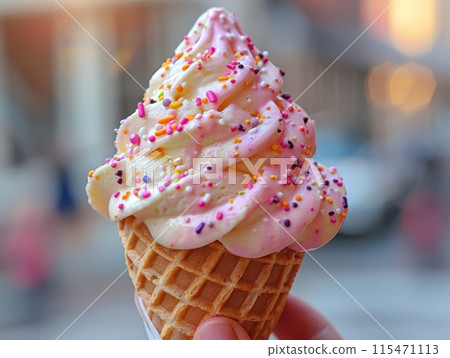 Ice cream in a cone that melts in the hand. 115471113
