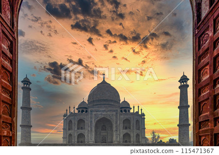 Taj Mahal white marble mausoleum on Yamuna river, Taj Mahal famous marble mausoleum of Agra, Taj Mahal India most famous wonder of the world, Agra city, Uttar Pradesh, India. Taj Mahal white marble mausoleum on Yamuna river, Taj Mahal famous marble mausoleum of Agra, Taj Mahal India most famous wonder of the world, Agra city, Uttar Pradesh, India. 115471367