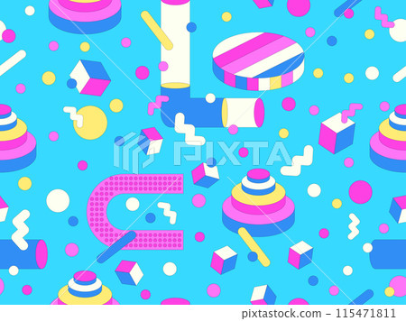Memphis geometric seamless pattern with 3D shapes in 80s and 90s style. Isometric geometric 3D shapes. Colorful geometric background design for wrappers, covers and wallpapers. Vector illustration 115471811