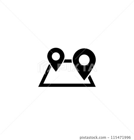Simplified map with location pins connected by a line, representing a journey or route Simplified map with location pins connected by a line, representing a journey or route 115471996