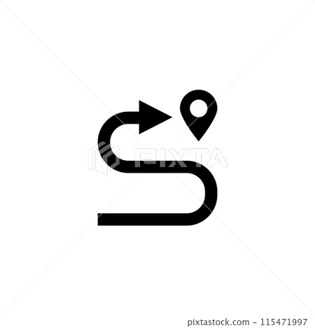 Black vector icon illustrating a route with a pin and direction arrow Black vector icon illustrating a route with a pin and direction arrow 115471997