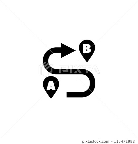 Black and white vector icon illustrating a route from point A to B 115471998