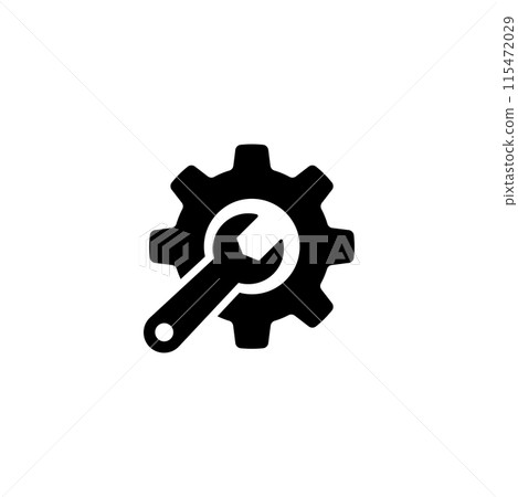 Black vector icon of a gear and wrench, symbolizing settings or repair Black vector icon of a gear and wrench, symbolizing settings or repair 115472029