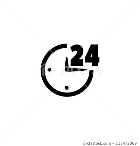 A minimalist black and white icon depicting a stylized 24-hour clock face, conveying the concept of continuous time, availability, and accessibility. 115472069