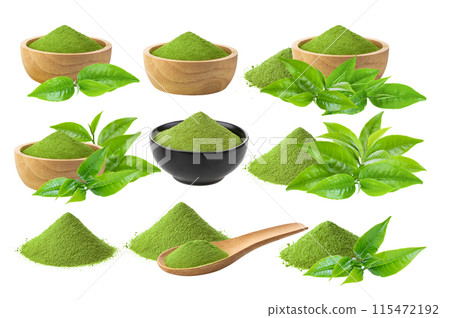 instant matcha green tea with leaf in wood bowl on white background 115472192